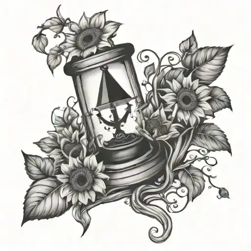 tree roots growing into anchor hour glass with sunflowers tattoo design idea