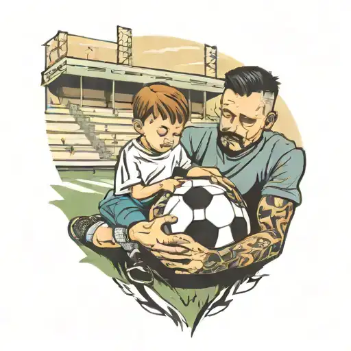 child holding dads hand outisde soccer stadium  tattoo design idea