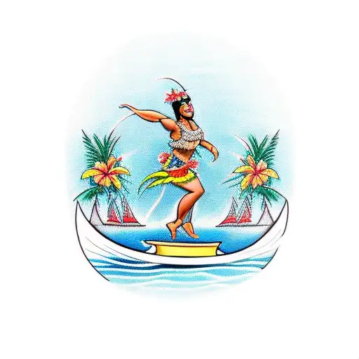 A traditional tattoo of a Hawaiian hula dancer dancing on a boat, surrounded by tropical flowers and palm trees tattoo design idea