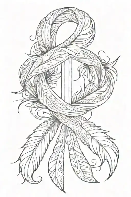 A blackwork design of a breast cancer ribbon with subtle feather details tattoo design idea
