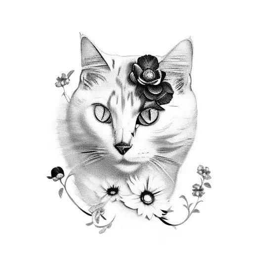 white calico cat with flowers tattoo design idea