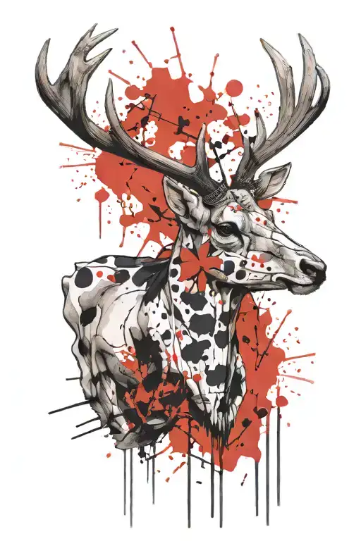 mule deer skull with trash polka style tattoo design idea