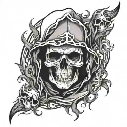 skull wearing hood and gray flame around  tattoo design idea