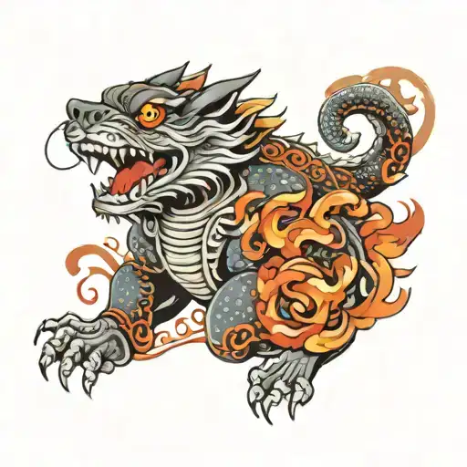 fu dog with dragon and fire tattoo design idea
