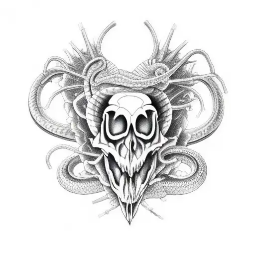 Snake  skull heart broken  holding a hreat blood  pattrens black and wihte  tattoo design idea