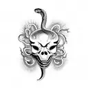 Snake  skull heart broken  holding a hreat blood  pattrens black and wihte  tattoo design idea