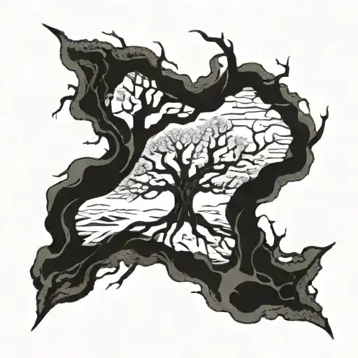 battle between good and evil. a tree at the centre. tattoo design idea