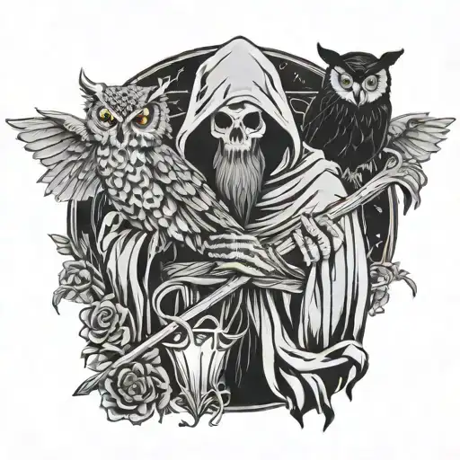 A macabre design of a death reaper holding a bat and owl in its hands, surrounded by elements of black metal imagery, rendered in a blackwork style tattoo design idea