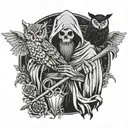A macabre design of a death reaper holding a bat and owl in its hands, surrounded by elements of black metal imagery, rendered in a blackwork style tattoo design idea