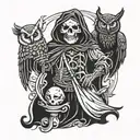 A macabre design of a death reaper holding a bat and owl in its hands, surrounded by elements of black metal imagery, rendered in a blackwork style tattoo design idea