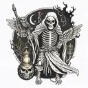 A macabre design of a death reaper holding a bat and owl in its hands, surrounded by elements of black metal imagery, rendered in a blackwork style tattoo design idea