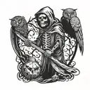 A macabre design of a death reaper holding a bat and owl in its hands, surrounded by elements of black metal imagery, rendered in a blackwork style tattoo design idea