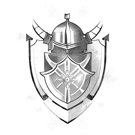 Incorporate a medieval knight helmet and shield with a field background with a castle on the back  tattoo design idea