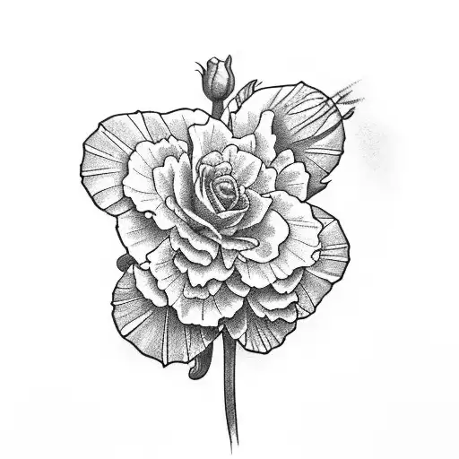 carnation and violet and rose and daisy and marigold, narcissus and dahlia and butterfly and bee and skull and leaves tattoo design idea