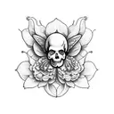 Carnation, violet, rose, daisy, marigold, narcissus, dahlia, butterfly, bee, skull, leaves tattoo design idea