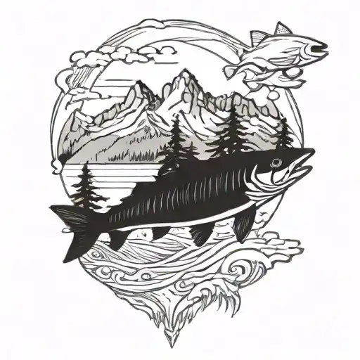 salmon with mountains and redwood trees in background tattoo design idea