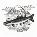salmon with mountains and redwood trees in background tattoo design idea