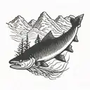 salmon with mountains and redwood trees in background tattoo design idea