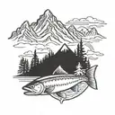 salmon with mountains and redwood trees in background tattoo design idea