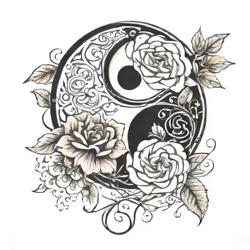 intricate yin yang symbol with black and white roses with thorns growing inside the yin yang tattoo design idea