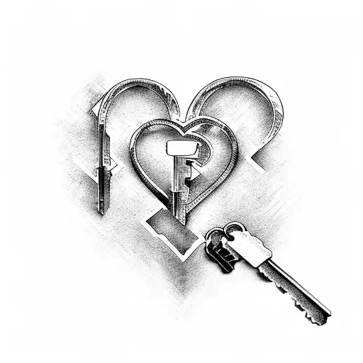 Initials J , R , N , B with keys attached going into a heart tattoo design idea