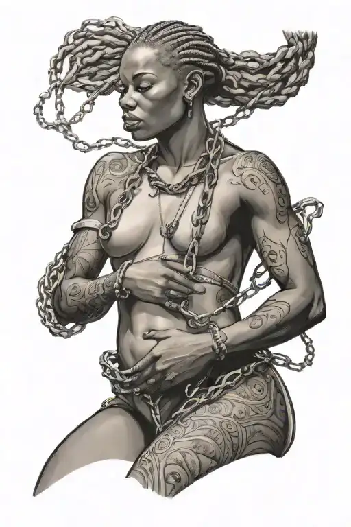 nude slim young blonde european girl wearing chains and sleeping leashed by muscular african man tattoo design idea