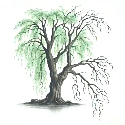weeping willow tree with fireflies and 2 kids sitting on branch tattoo design idea
