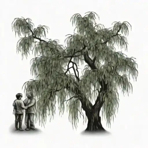 weeping willow tree with lightning bugs and 2 kids sitting on branch tattoo design idea