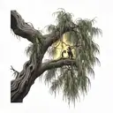 weeping willow tree with lightning bugs and 2 kids sitting on branch tattoo design idea