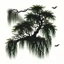 weeping willow tree with lightning bugs and 2 kids sitting on branch tattoo design idea