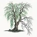 weeping willow tree with fireflies and 2 kids sitting on branch tattoo design idea