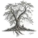 weeping willow tree with fireflies and 2 kids sitting on branch tattoo design idea