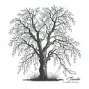 weeping willow tree with fireflies and 2 kids sitting on branch tattoo design idea