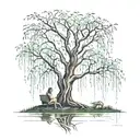 weeping willow tree with fireflies and 2 kids sitting on branch tattoo design idea