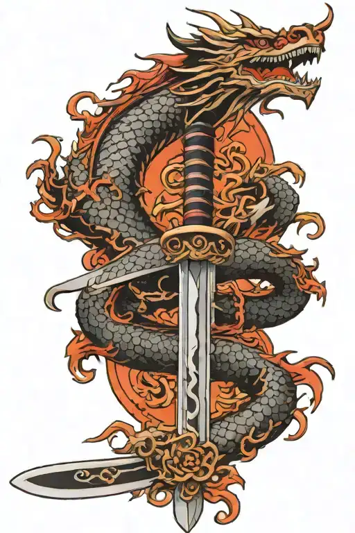 dragon arround katana sword tattoo design idea