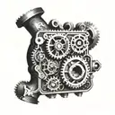 A detailed engine block with gears and pistons, resembling a mechanical heart tattoo design idea