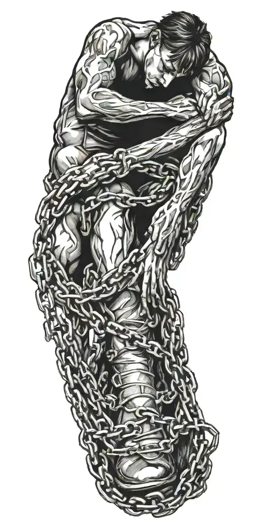 love slavery a men standing on his heart captured with chaines tattoo design idea