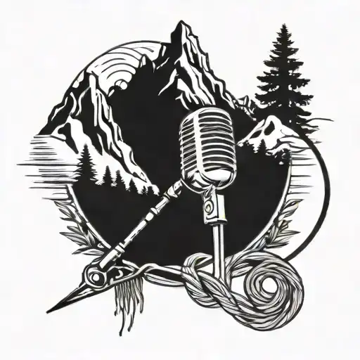 A microphone intertwined with mountain peaks and a fishing rod, symbolizing your love for rap music, hiking, and fishing tattoo design idea