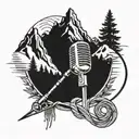 A microphone intertwined with mountain peaks and a fishing rod, symbolizing your love for rap music, hiking, and fishing tattoo design idea