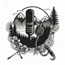 A microphone intertwined with mountain peaks and a fishing rod, symbolizing your love for rap music, hiking, and fishing tattoo design idea