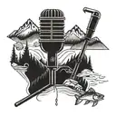 A microphone intertwined with mountain peaks and a fishing rod, symbolizing your love for rap music, hiking, and fishing tattoo design idea