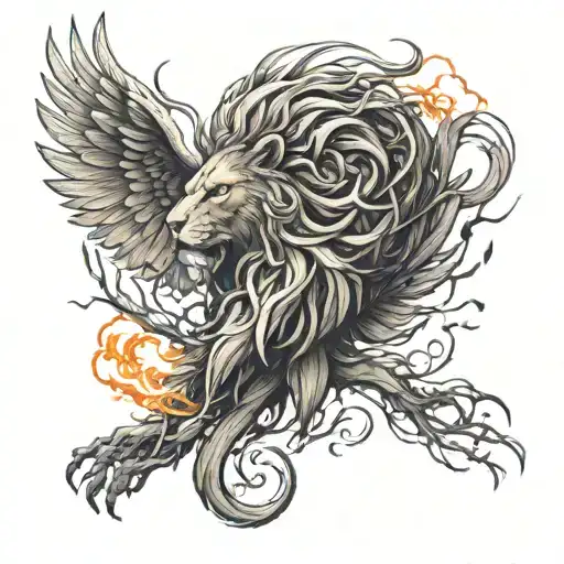 A phoenix rising from the ashes, intertwined with a lion symbolizing strength and resilience tattoo design idea