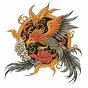 A phoenix rising from the ashes, intertwined with a lion symbolizing strength and resilience tattoo design idea