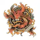 A phoenix rising from the ashes, intertwined with a lion symbolizing strength and resilience tattoo design idea