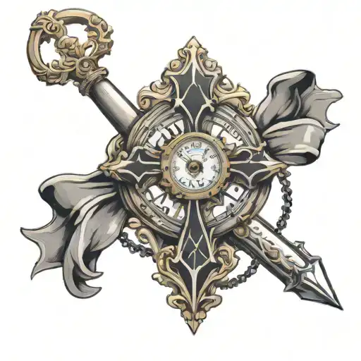 cross with ribbon and pocket watch   tattoo design idea