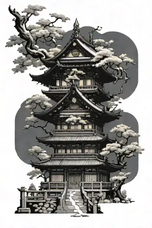 Japanese temple architecture forming tattoo design idea
