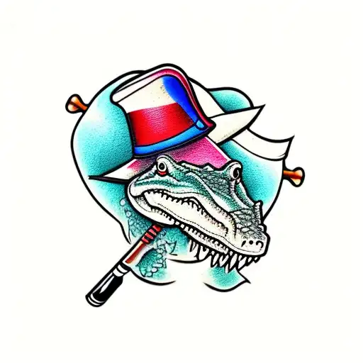 Gangster crocodile with hat on and tattoo and a golf club over tattoo design idea