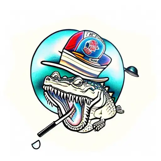 Gangster crocodile with cool hat on and tattoo and a golf club over tattoo design idea