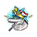 Gangster crocodile with cool hat on and tattoo and a golf club over tattoo design idea