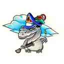Gangster crocodile with cool hat on and tattoo and a golf club over tattoo design idea